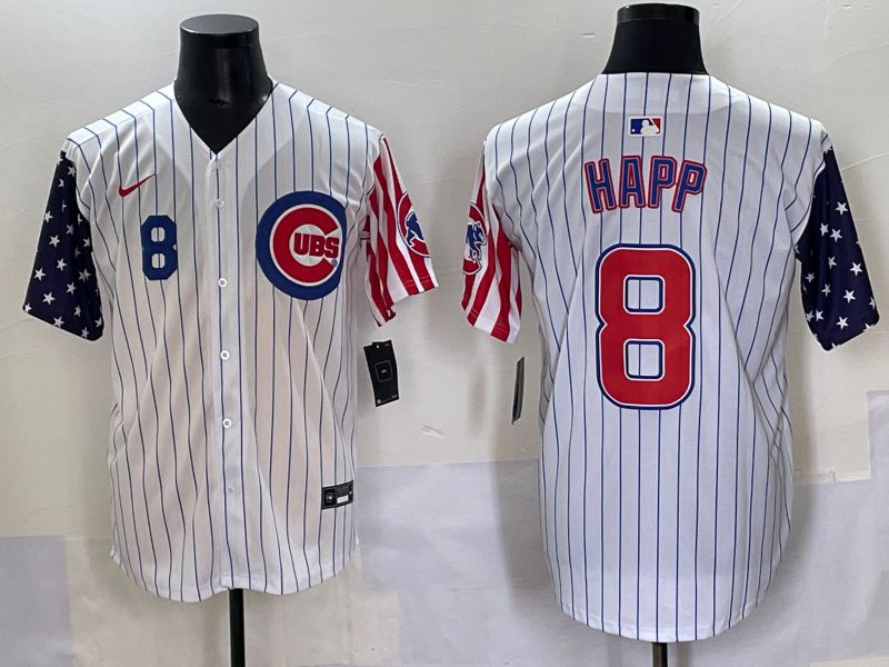 Men 2025 Chicago Cubs #8 Happ White Stripe a generation of national flags Joint Name Nike MLB Jersey style 4